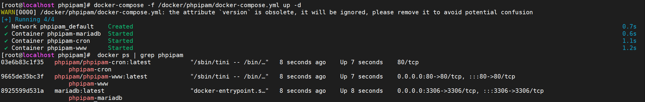 phpipam-service-status(服务启动状态,查看phpipam-www、phpipam-cron、phpipam-mariadb三个容器是否启动成功)